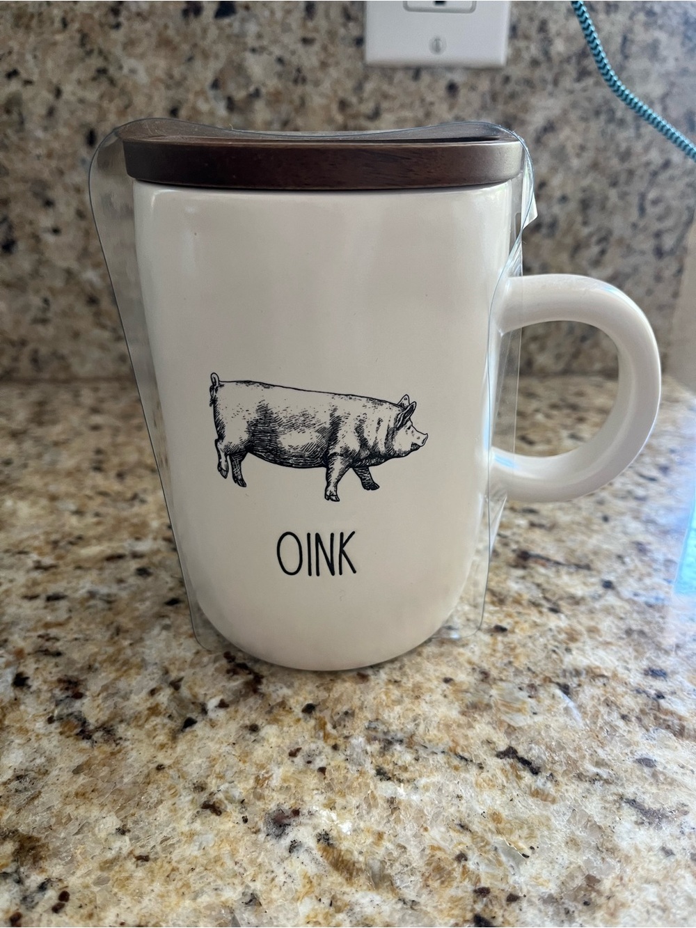 Rae Dunn White Mug with Black Pig Oink and Brown Lid Farmhouse